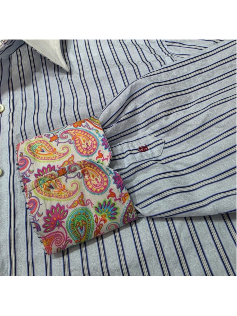 Robert Graham Striped Button Up Shirt Men’s Large Paisley Flip Cuff Blue Money
